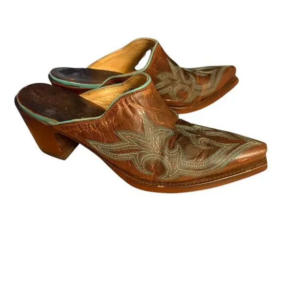 Old Gringo Leather Made In Mexico Brown w/ Teal Detail Western Style Mules sz 8 - Picture 2 of 14